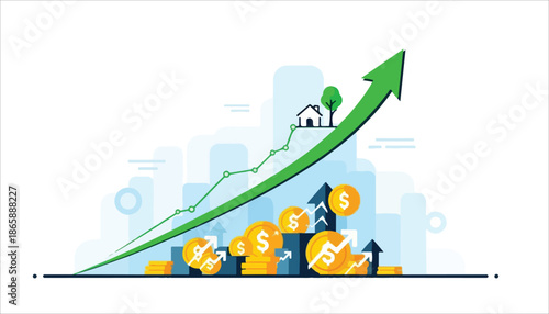 Financial growth concept with upward arrow, rising coins, and increasing property value.