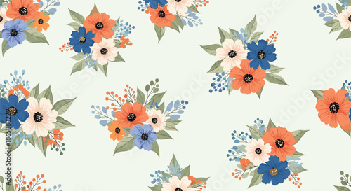 Beautiful seamless pattern of repeating floral bouquets with orange, blue, and cream-colored flowers and green leaves on a light green background.