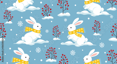 Charming winter seamless pattern with cute white rabbits wearing yellow scarves in a snowy landscape with red berry bushes and snowflakes.