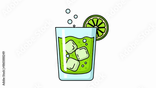 Refreshing green drink with ice cubes and lime slice