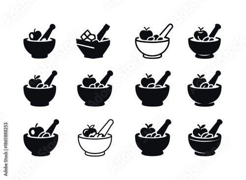 Charoset Logo Variations. Charoset Mixture. Icon set. Set Logo of Charoset Mixture: mortar and pestle mashing ingredients. harmonious logo variations of the