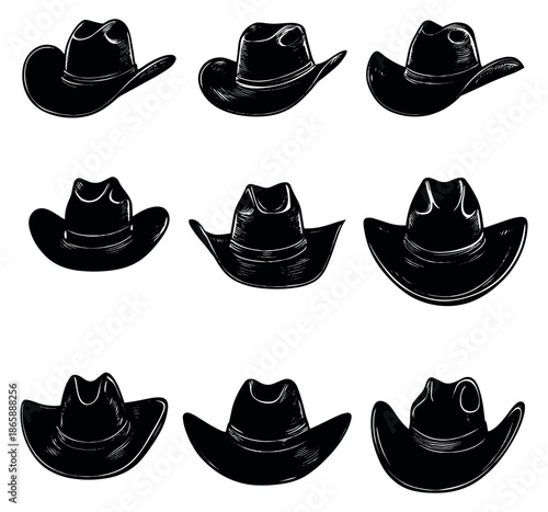 Hand drawn cowboy hat set featuring classic western headwear for design projects