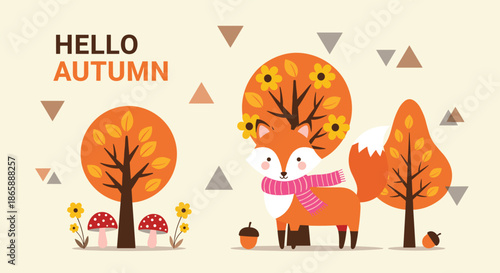 'Hello Autumn' greeting card illustration with a cute fox in a pink scarf standing among colorful autumn trees, mushrooms, and acorns.