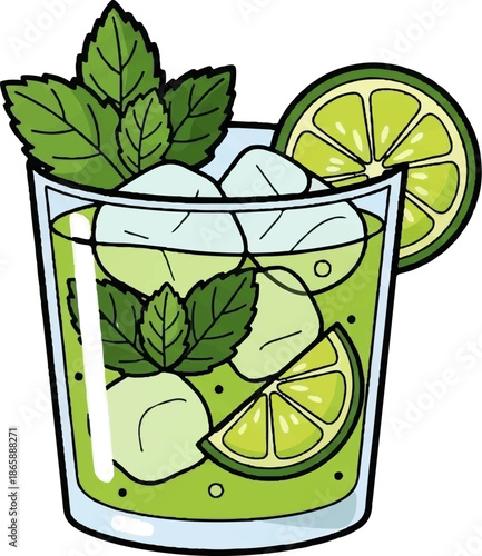 Refreshing green drink with lime, mint, ice, and bubbles