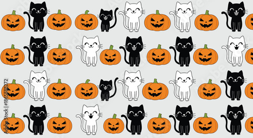 Simple and cute seamless Halloween pattern with rows of black and white cartoon cats sitting next to smiling jack-o'-lantern pumpkins.
