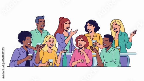 Diverse group of smiling people gathered together, enjoying drinks and conversation