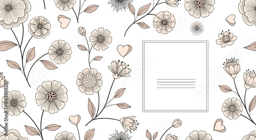 Elegant floral background with beautiful hand-drawn line art flowers and leaves in neutral tones, featuring a blank rectangular text box frame.
