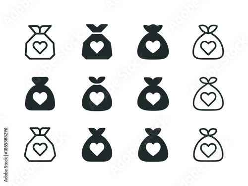 Minimalist Decluttering Icons. Minimalist lifestyle and decluttering trends. Icon set. Set Logo of minimalist lifestyle and decluttering trends: donation bag.