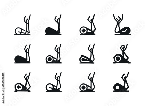 Elliptical Machine Icons. Elliptical machine. Icon set. Set Logo of elliptical machine: gym equipment silhouette. harmonious logo variations of the same