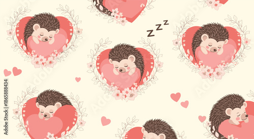 Adorable seamless pattern of cute hedgehogs sleeping peacefully on pink hearts surrounded by floral wreaths, with 'zzz' text for a dreamy feel.