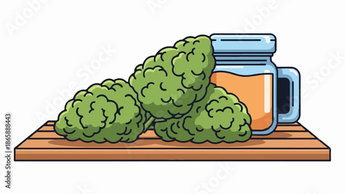 Green buds and amber drink in jar on wooden plank