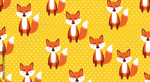 Cheerful seamless pattern of adorable cartoon foxes with happy, laughing faces on a bright yellow background with white polka dots.