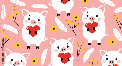 Adorable seamless pattern with cute cartoon pigs holding red hearts among yellow flowers and feathers on a lovely pink background.