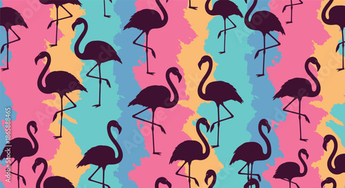 Seamless repeating pattern of dark flamingo silhouettes standing on one leg against a vibrant abstract painted background.