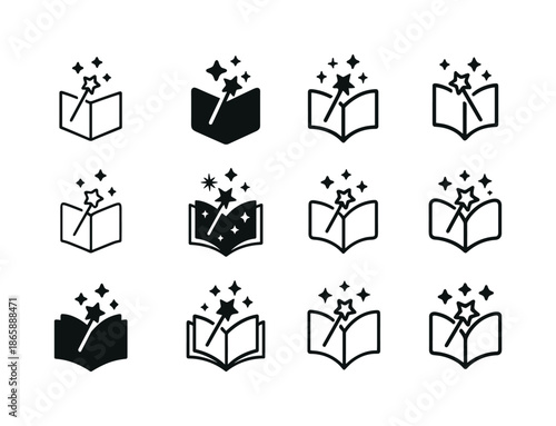 Storybook Magic Logos. Children?s storybook. Icon set. Set Logo of Children?s storybook: magic wand. harmonious logo variations of the same emblematic concept,