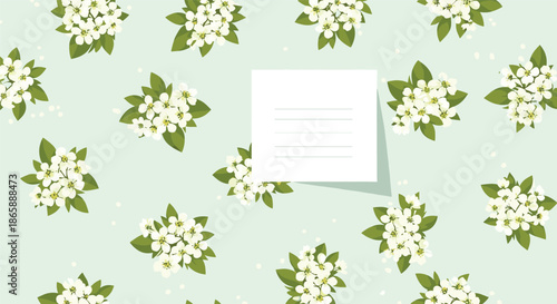 Pretty spring background pattern of white flower clusters on a light green background, with a blank white sticky note for text in the corner.