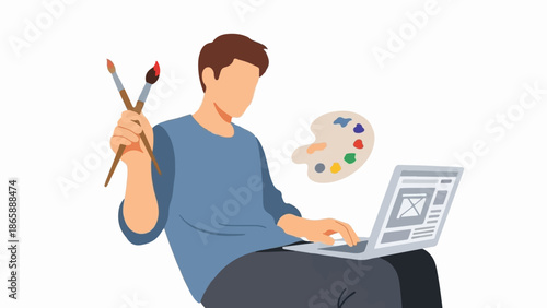Creative person with laptop, paintbrushes, and palette