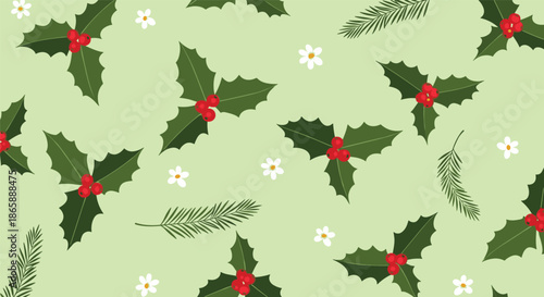 Seamless Christmas pattern featuring festive holly leaves with red berries, white flowers, and pine sprigs on a pale green background.