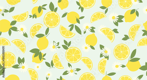 Refreshing seamless summer pattern with bright yellow lemons, citrus slices, and white daisy flowers on a pale green background.