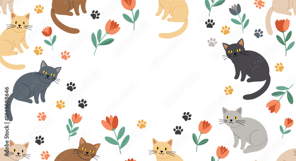Fototapeta premium Charming frame design with cute cartoon cats, flowers, and paw prints bordering a central blank space for text or images.