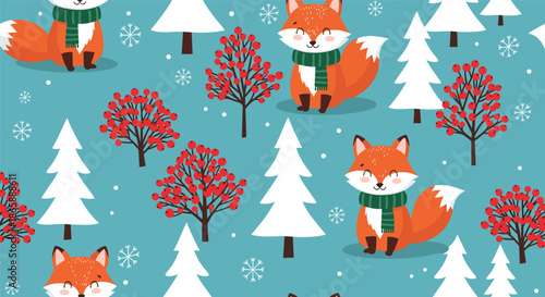 Adorable winter seamless pattern with cute cartoon foxes, snowy trees, and red berry bushes on a blue snowy background.