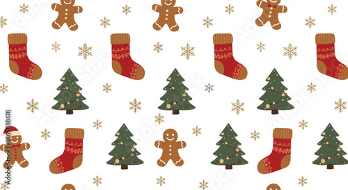 Festive seamless Christmas pattern with cute gingerbread men, stockings, decorated trees, and snowflakes on a white background.