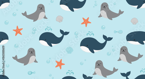 Adorable seamless underwater pattern with cute cartoon whales, seals, starfish, and shells on a light blue background.