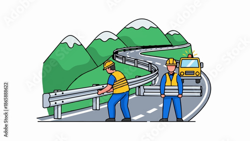 Road workers installing guardrails on a mountain highway with a service vehicle nearby