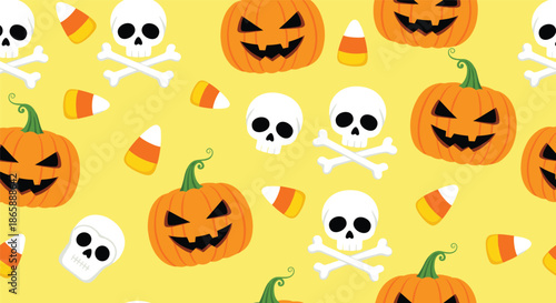 Fun and spooky seamless Halloween pattern with jack-o'-lanterns, skulls and crossbones, and candy corn on a yellow background.