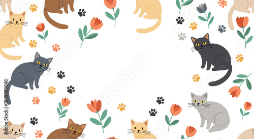 Charming frame design with cute cartoon cats, flowers, and paw prints bordering a central blank space for text or images.