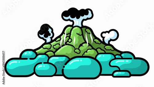 Green, cartoonish volcano erupting with smoke and water splashes