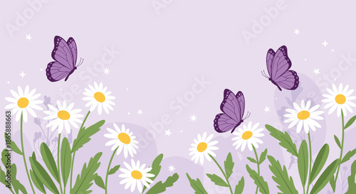 Enchanting spring background with purple butterflies fluttering above a field of white daisy flowers on a dreamy purple backdrop.