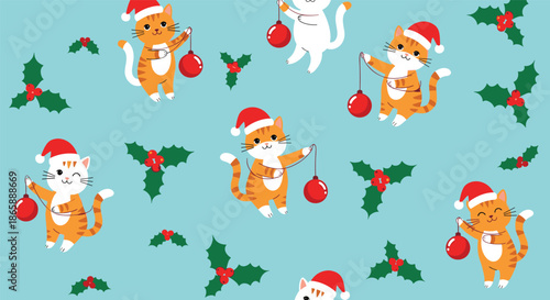 Adorable seamless Christmas pattern with cute ginger cats in Santa hats playing with ornaments and holly on a blue background.