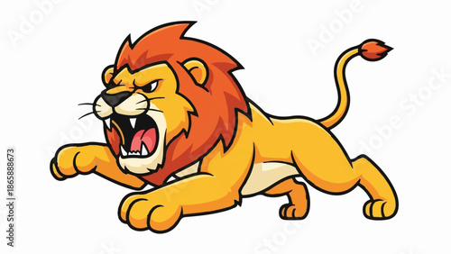 Roaring cartoon lion with fiery orange mane, teeth bared, mid-pounce