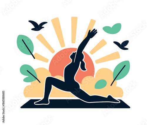 Serene Sunrise Yoga. Sunrise Stretch. A silhouette stretches on a yoga mat with large soft sun rays rising behind. Floating shapes of leaves and birds create a