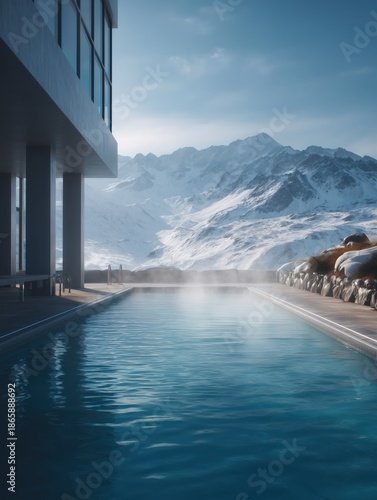 Experiencing luxurious mountaintop relaxation with an inviting steaming infinity pool overlooking vast snow covered landscapes and towering winter mountains