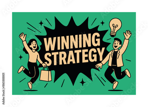 Winning Strategy Banner. Winning Strategy banner, flat vector illustration, bold oversized text inside splash explosion shape, cartoon characters jumping and