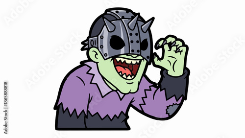 Green creature with spiky helmet and ragged purple shirt, grinning with sharp teeth