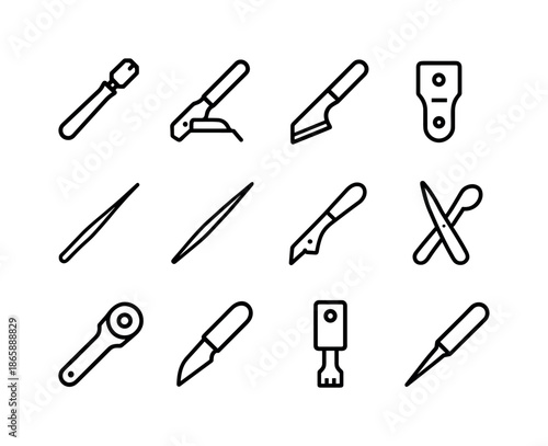 Sharp Tools Icons. Sharp tools. Line icon set of Sharp tools: glass cutter, tile cutter, grout saw, utility scraper, precision tweezers, seam ripper, fabric
