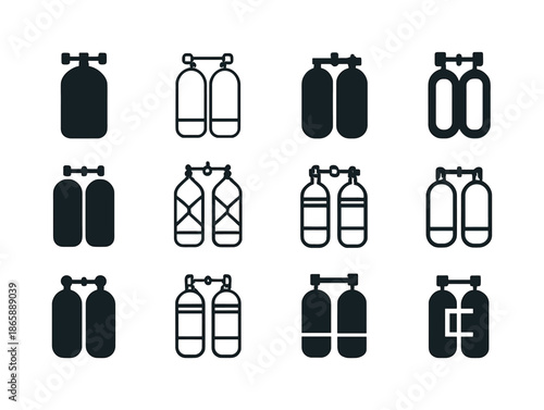 Scuba Gear Icons. Scuba Gear. Icon set. Set Logo of Scuba Gear: oxygen tank. harmonious logo variations of the same emblematic concept, each with different