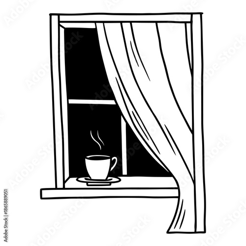 Tea on Windowsill Cozy Line Art Coloring Page