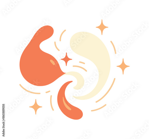 Merging Droplets Transformation. Liquid reaction. Two droplets merging into a swirling shape; soft pulses around the connection. Tiny spark icons marking