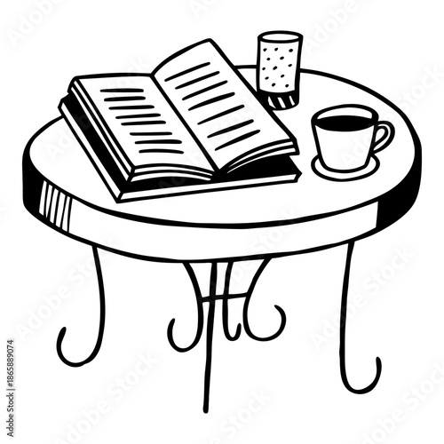 Book and Tea on Table Line Art Coloring Page