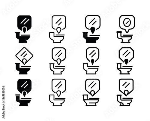 Bathroom Mirror Logos. Adding a new mirror in the bathroom. Icon set. Set Logo of adding a new mirror in the bathroom: mirror placement marker. harmonious logo
