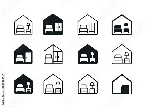Minimalist Icon Variations. Minimalist lifestyle and decluttering trends. Icon set. Set Logo of minimalist lifestyle and decluttering trends: simplified room
