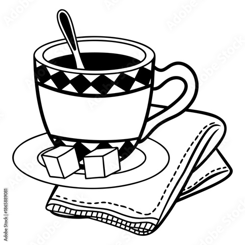 Tea Cup with Spoon and Sugar Line Art Coloring Page