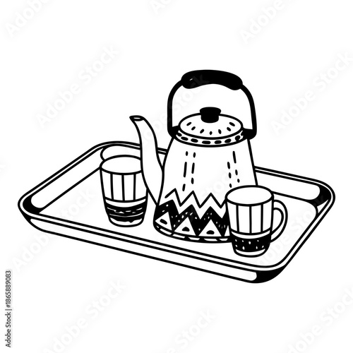 Teapot and Cups Cozy Line Art Coloring Page