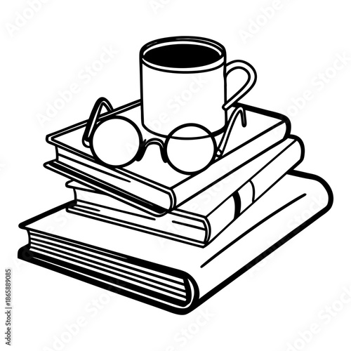 Stack of Books with Mug and Glasses Coloring Page