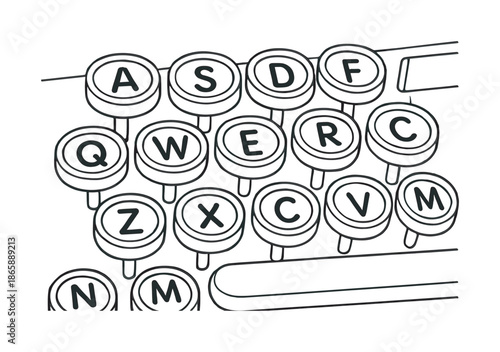 Typewriter Keys Coloring Page. Typewriter keys children?s coloring book illustration, outlined drawing, close-up of simple round keys with bold letters