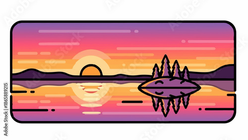 Minimalist sunset over water with reflection and island